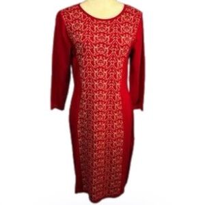 M Nine West Women’s Winter 3/4 Sleeves Abstract Red Patterned Midi Sheath Dress